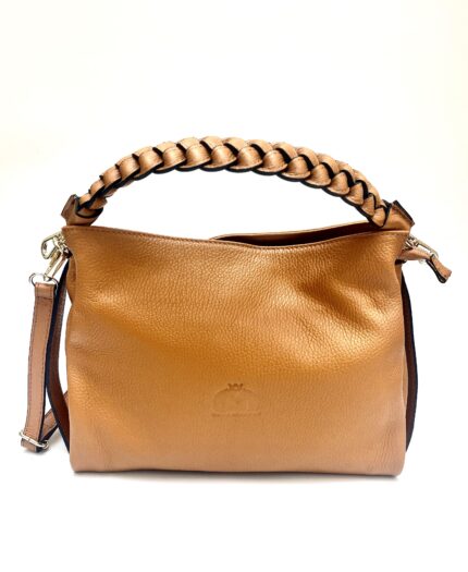 Sac camel en cuir souple avec poignée tressée
